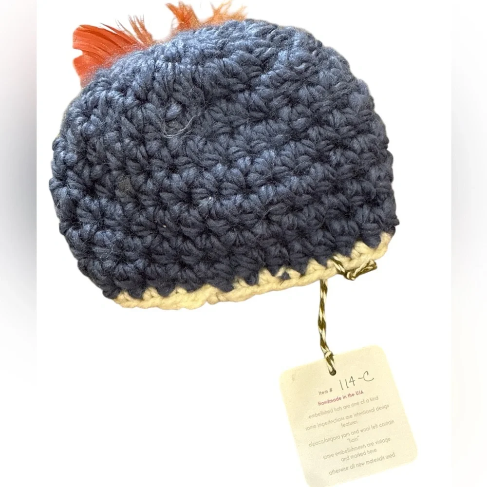 The Foxy Baby Newborn Knit Hat Floral Feathers Pearl Rhinestone Tulle Blue
